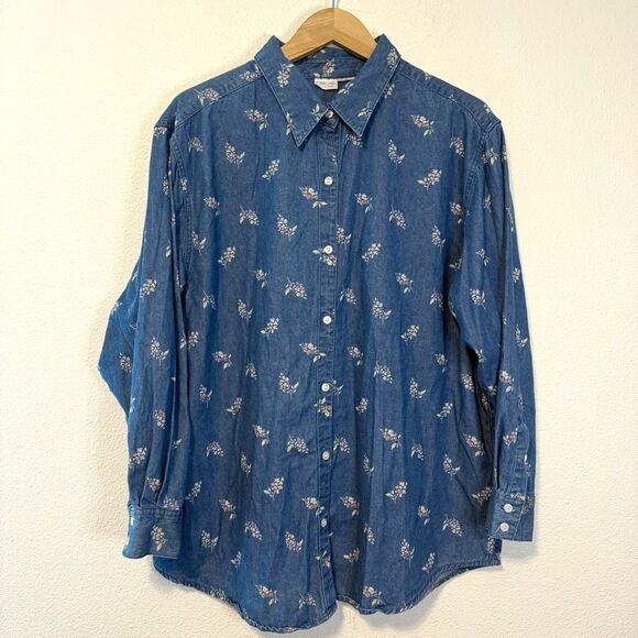 Vintage 90s Y2K Cherokee Floral Print Denim Button Down Top Size XXL - Picture 1 of 7